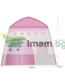 Детска палатка със светещи гирлянди от памучни топки розова